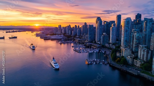 Wallpaper Mural Stunning aerial view of a vibrant sunset over the city skyline and waterfront with boats sailing in the foreground : Generative AI Torontodigital.ca