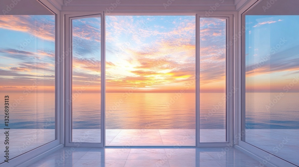 Scenic Ocean Sunset View Through Large Windows With Reflections on Glossy Floor