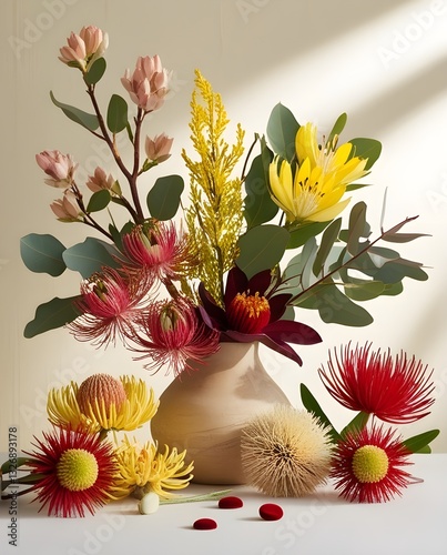A vibrant arrangement of various flowers, including pink and yellow blooms, sits gracefully in a light-colored vase. Sunlight casts soft shadows, highlighting the intricate details of the flowers 