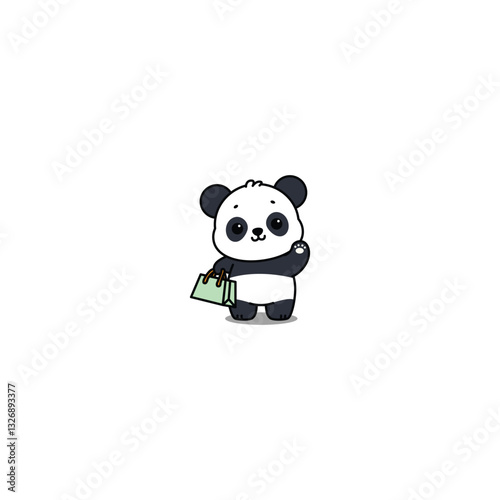 Cute panda holding shopping bag and waving paw cartoon, vector illustration