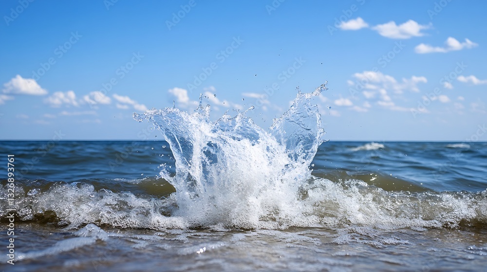 Fototapeta premium Dynamic splashes of water create beautiful patterns under the bright blue sky over a tranquil ocean : Generative AI