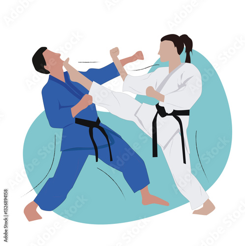 Fight between karate woman and man 