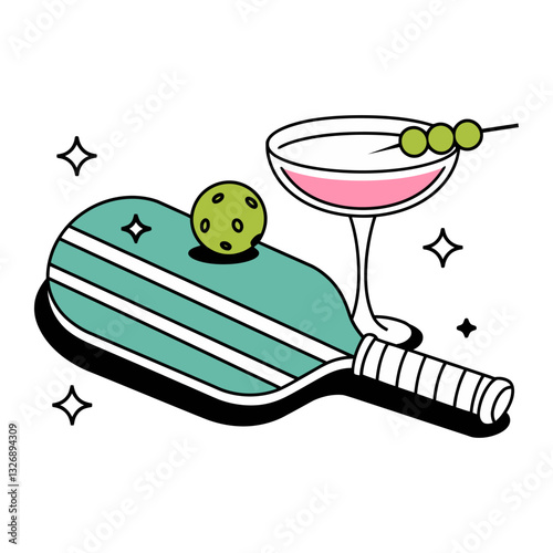 Pickleball Paddle and Cocktail Illustration
