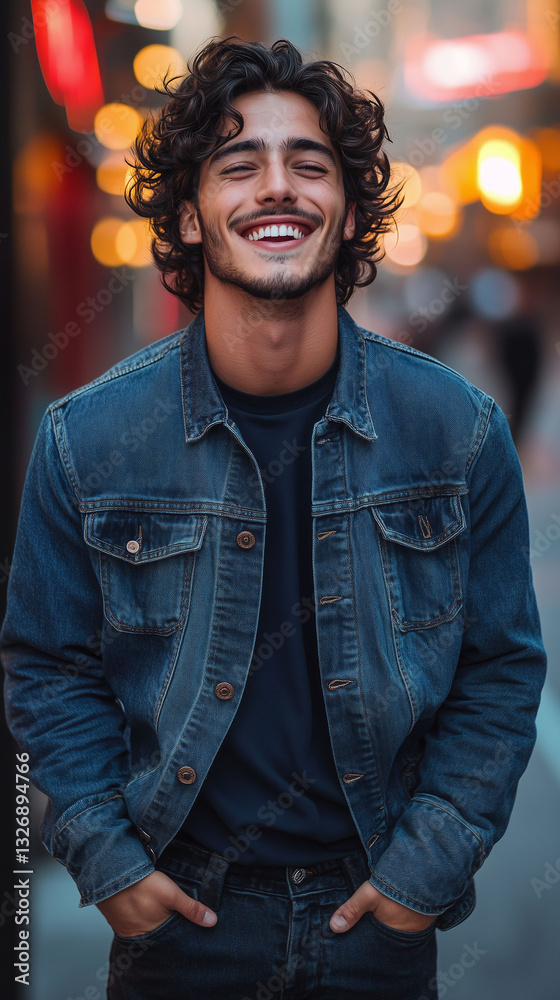 Fototapeta premium Smiling Young Man in a Denim Jacket Standing in a Vibrant City Street