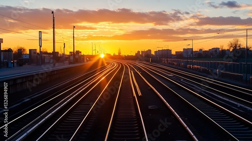 Sunset view of train tracks stretching into the distance with warm colors illuminating the sky : Generative AI photo