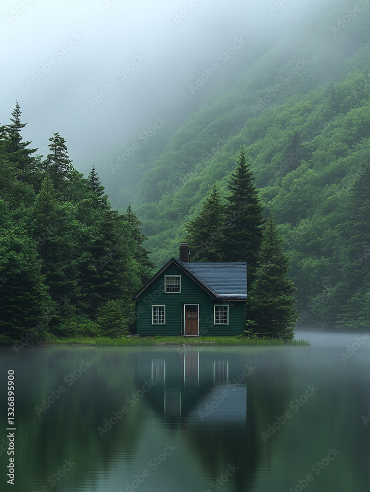 Fototapeta premium Serene green cabin by a misty lake surrounded by trees