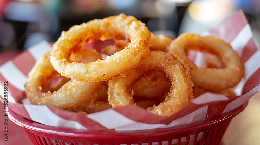 Crispy golden onion rings served in red basket lined with checkered paper, freshly fried to perfection. crunchy texture and rich flavor make them delicious snack or side dish Crispy golden onion rings served in red basket lined with checkered paper, freshly fried to perfection. crunchy texture and rich flavor make them delicious snack or side dish