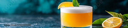 A vibrant Yuzu Whiskey Sour in a glass with frothy foam and citrus garnish. Generative AI photo