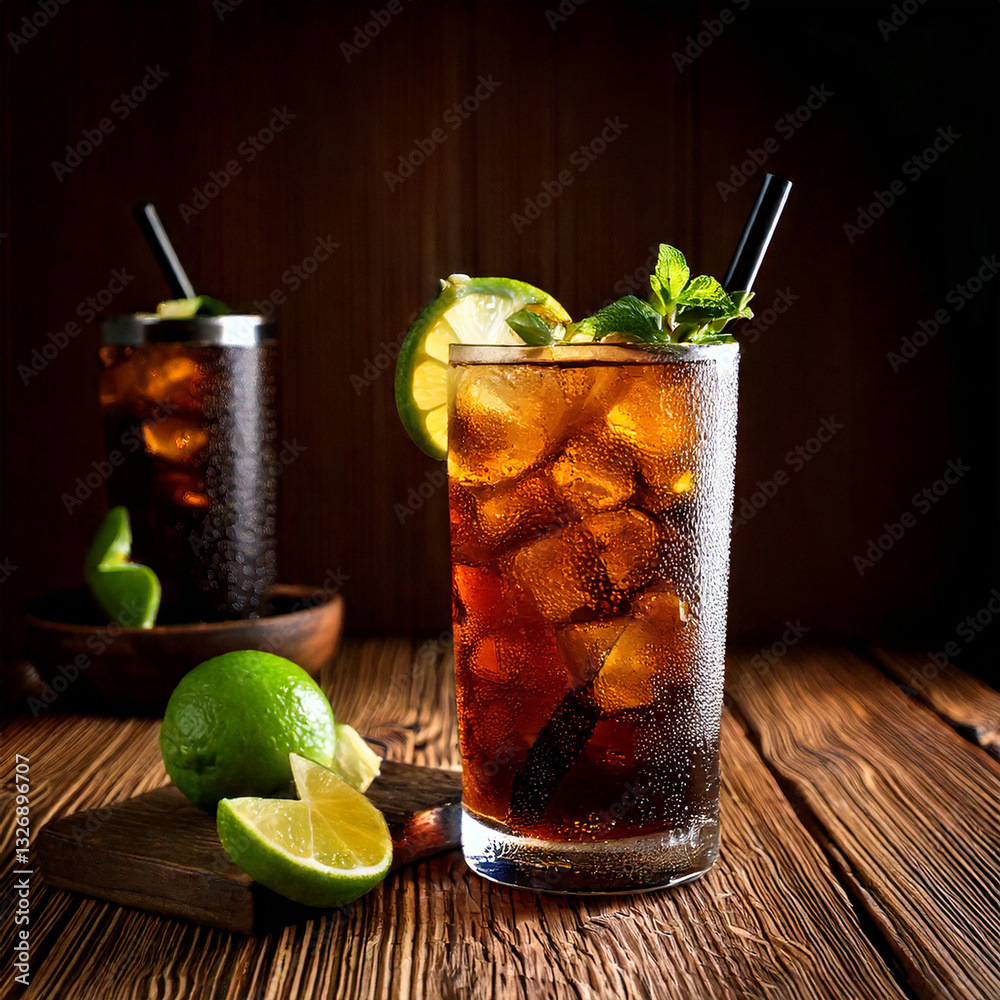 Refreshing Cuba Libre drink with lime and rustic surroundings, beverage photography, editorial