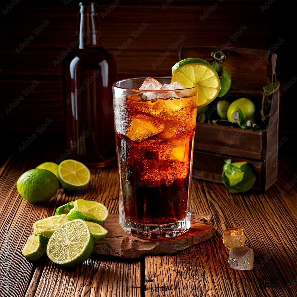 Refreshing Cuba Libre drink with lime and rustic surroundings, beverage photography, editorial