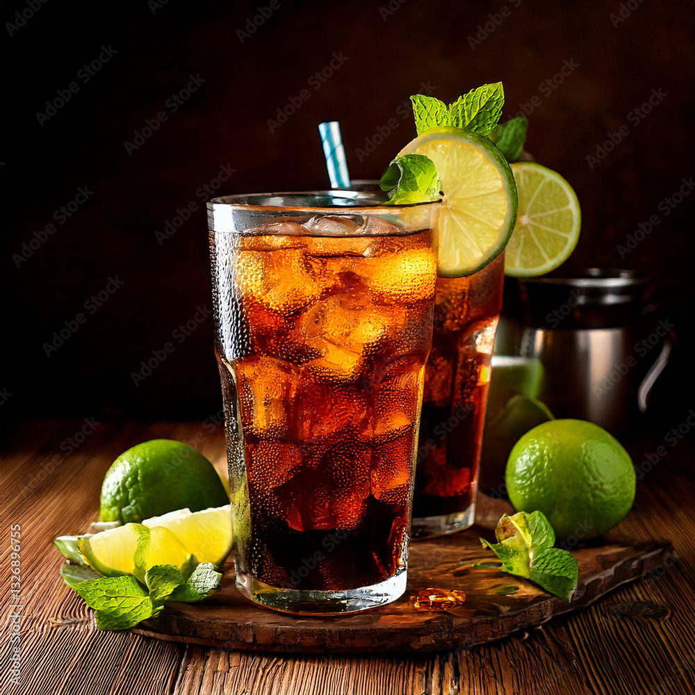 Refreshing Cuba Libre drink with lime and rustic surroundings, beverage photography, editorial