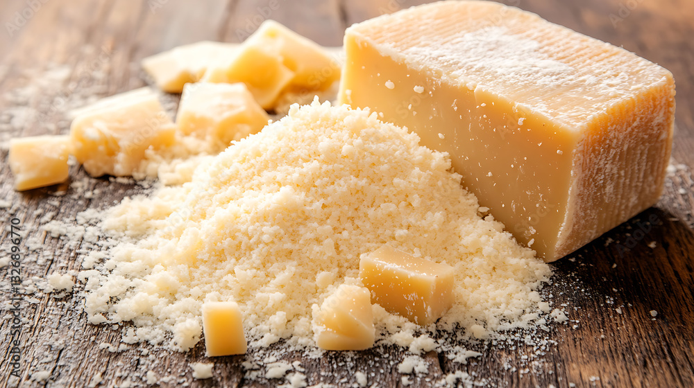 Naklejka premium block of Parmesan cheese with grated cheese and chunks on rustic wooden surface, showcasing its rich texture and aged appearance. cheese has slightly crumbly texture with golden hue