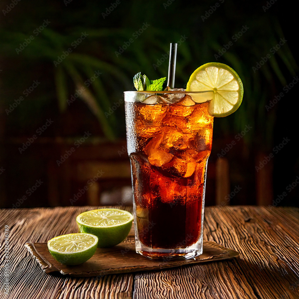 Refreshing Cuba Libre drink with lime and rustic surroundings, beverage photography, editorial