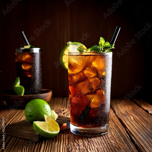 Obraz na płótnie Refreshing Cuba Libre drink with lime and rustic surroundings, beverage photography, editorial w salonie