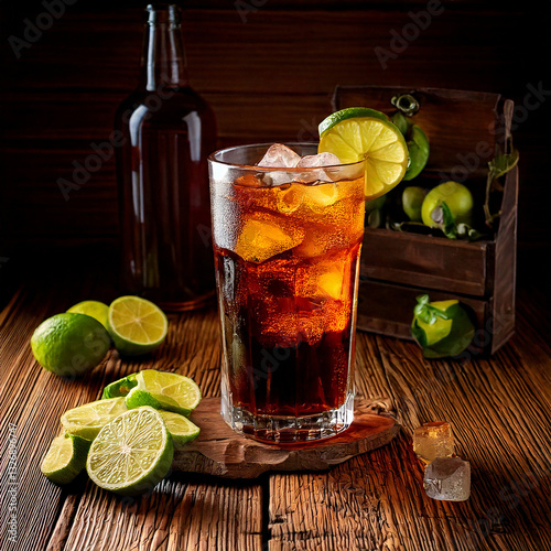 Obraz na płótnie Refreshing Cuba Libre drink with lime and rustic surroundings, beverage photography, editorial w salonie