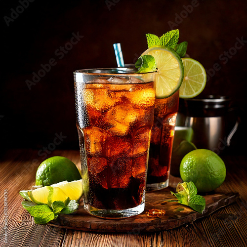 Obraz na płótnie Refreshing Cuba Libre drink with lime and rustic surroundings, beverage photography, editorial w salonie