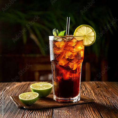 Obraz na płótnie Refreshing Cuba Libre drink with lime and rustic surroundings, beverage photography, editorial w salonie