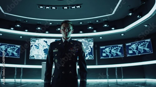 A serious military commander in a dark uniform standing in a high-tech command center with screens in the background. Tense, strategic, and authoritative scene from a futuristic setting.
