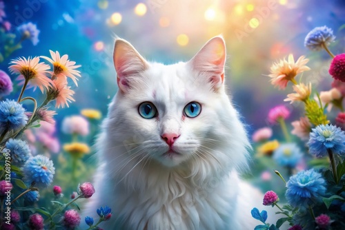 Fluffy White Turkish Angora Cat Double Exposure Nature Stock Photo