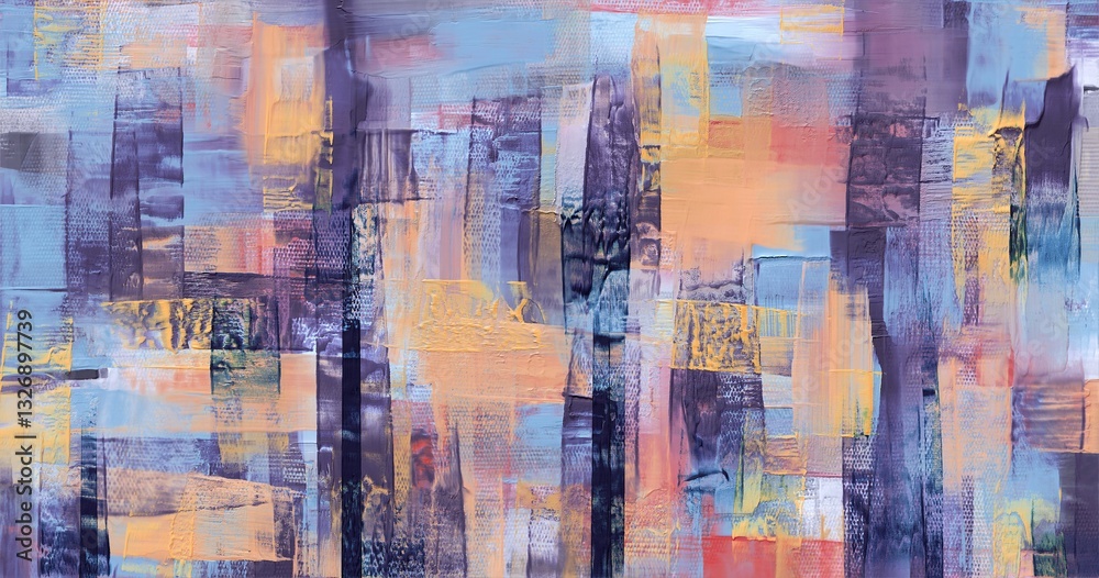 Captivating abstract painting with layered textures, blending soft pastels and deep purples, evoking a sense of depth and movement through expressive brushwork and geometric harmony