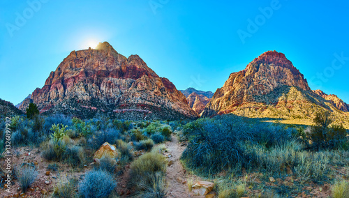 Canvas Print Red Rock Canyon Peaks Panorama with Desert Brush Eye-Level View