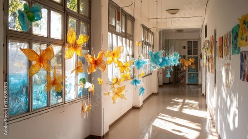 A creative display of plastic waste transformed into colorful flowers hangs in a school corridor, highlighting environmental awareness and artistic ingenuity