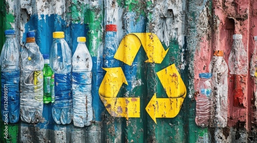 A vibrant street mural emphasizing the importance of plastic recycling, featuring colorful plastic bottles and a prominent recycling symbol