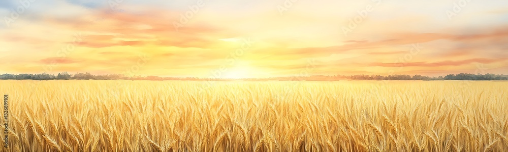 Fototapeta premium Golden field of wheat under a vibrant sunset sky, evoking tranquility and abundance.