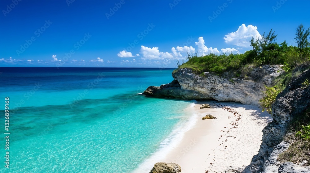 Fototapeta premium A serene beach with crystal clear turquoise water and rocky coast under a bright sunny sky : Generative AI