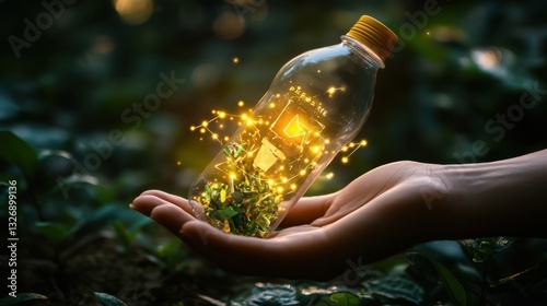 A hand holds a transparent plastic bottle containing green materials and a glowing message about recycling