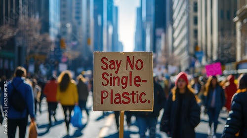 A protest sign advocates for a reduction in single-use plastic, surrounded by a diverse crowd in a busy urban setting