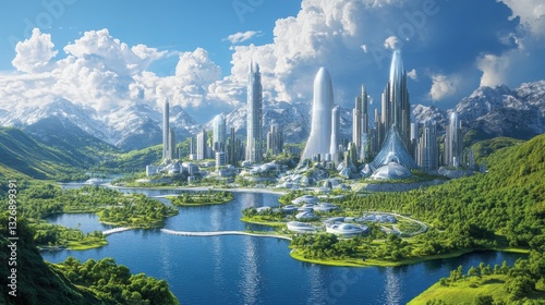 A futuristic city showcases sustainable architecture with lush greenery and clean waterways, emphasizing a plastic-free environment