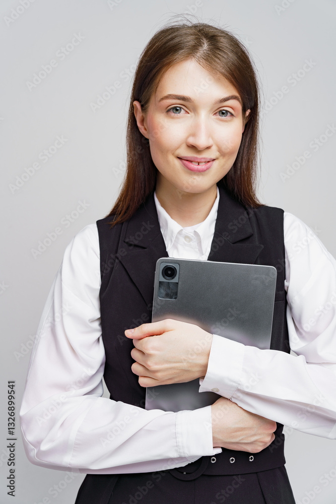 Young professional woman holding a tablet while smiling against a plain background Young professional woman holding a tablet while smiling against a plain background