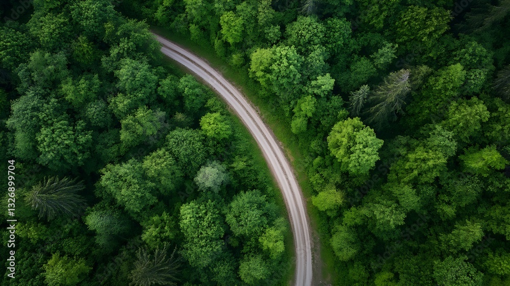 Aerial view of a winding road surrounded by lush green trees in a dense forest landscape : Generative AI Aerial view of a winding road surrounded by lush green trees in a dense forest landscape : Generative AI