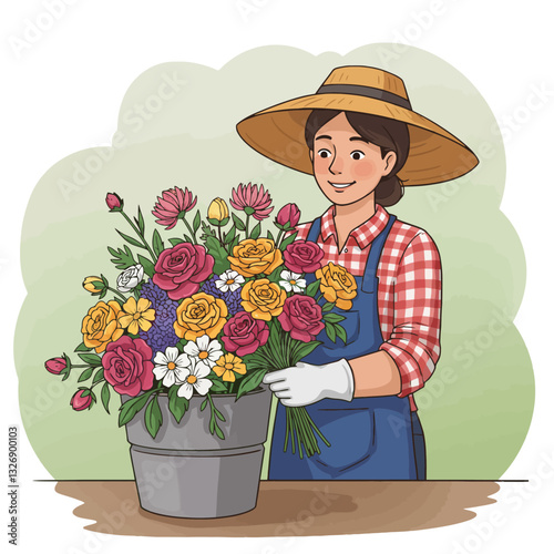 Woman Arranging Bouquet of Colorful Flowers in Bucket Wearing Overalls