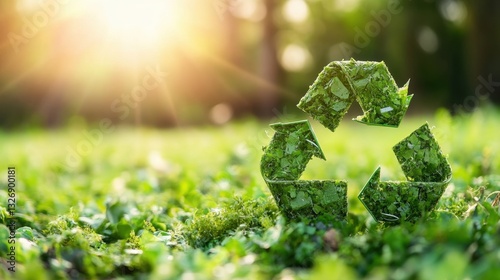 A sustainability symbol made from green leaves represents progress in reducing plastic waste, set against a serene, sunlit natural background