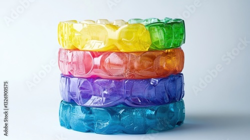 A colorful stack of compressed plastic bottles showcasing recycling efforts and sustainability