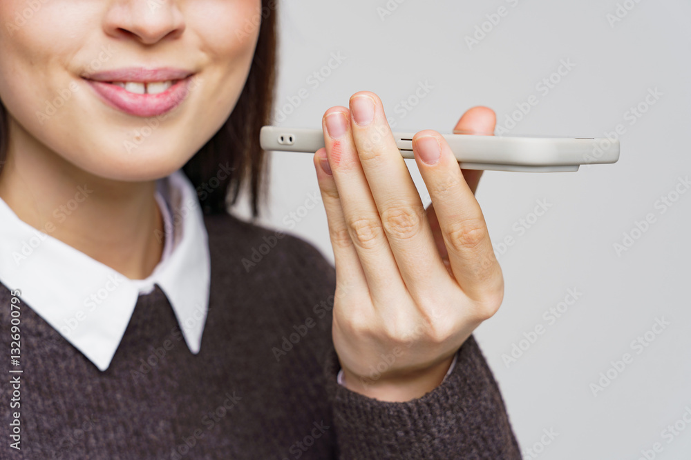Young woman using smartphone for voice commands in indoor setting with a smile on her face Young woman using smartphone for voice commands in indoor setting with a smile on her face