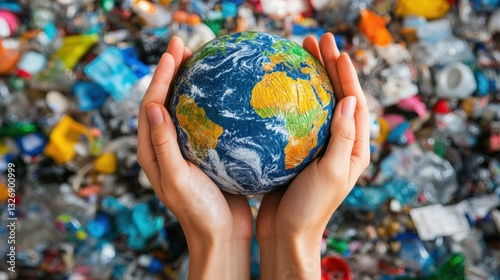 Hands holding a globe surrounded by plastic waste, highlighting the importance of recycling and environmental awareness