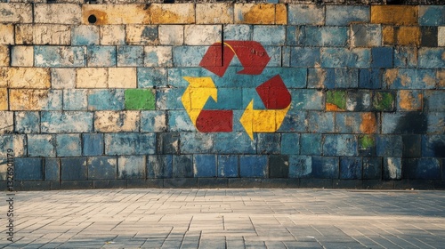 a recycling symbol painted on a wall in an urban setting, showcasing vibrant colors and textures typical of street art