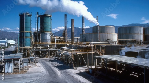 A recycling plant's smokestacks emit steam against a clear blue sky, showcasing the importance of green energy and sustainable practices in modern industry