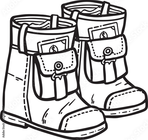 Stylized rubber boots illustration with buckles on a white background