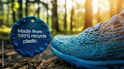 Sustainable footwear made from 100% recycled plastic, showcased in a natural setting with sunlit trees in the background