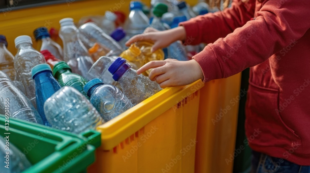 A child sorting plastic bottles into recycling containers, promoting sustainability and environmental awareness through hands-on activities A child sorting plastic bottles into recycling containers, promoting sustainability and environmental awareness through hands-on activities