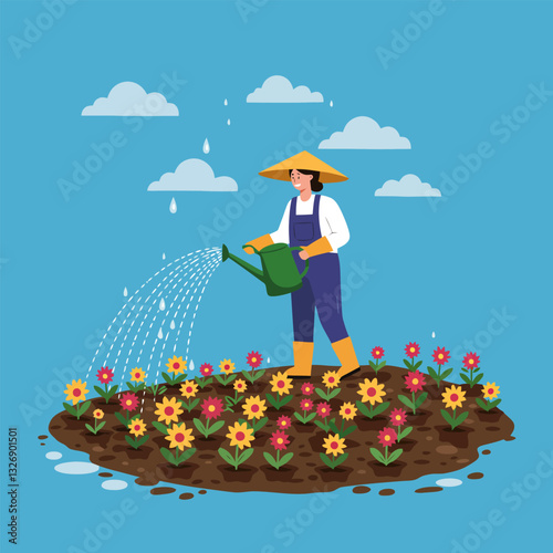 Woman Watering Flowers in Garden with Rain Clouds and Blue Sky
