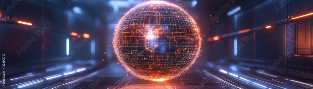 Obraz premium Geometric wireframe sphere with glowing connections, deep tech and AI visualization