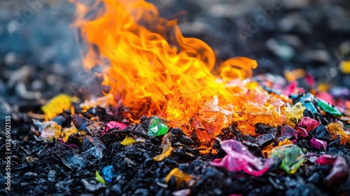Plastic waste melting in a high-temperature recycling process, showcasing flames and colorful fragments against a dark backdrop