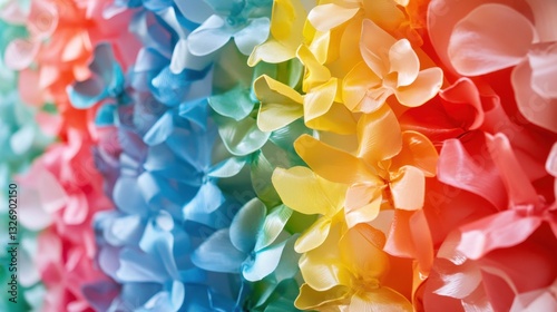 A colorful art installation created from recycled plastic flowers showcasing vibrant hues and creativity