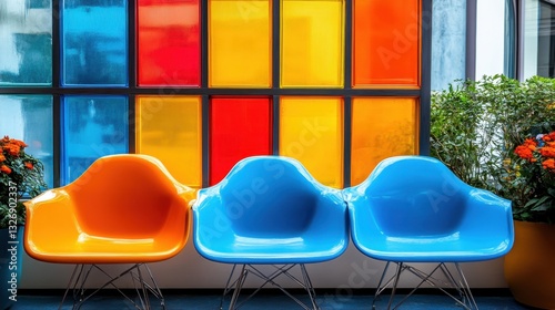 A modern interior featuring bright upcycled plastic chairs against a colorful glass wall, complemented by vibrant plants