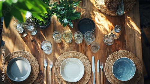 A minimalistic dining setup showcasing eco-friendly practices with natural materials and glassware, emphasizing sustainability and reducing plastic waste